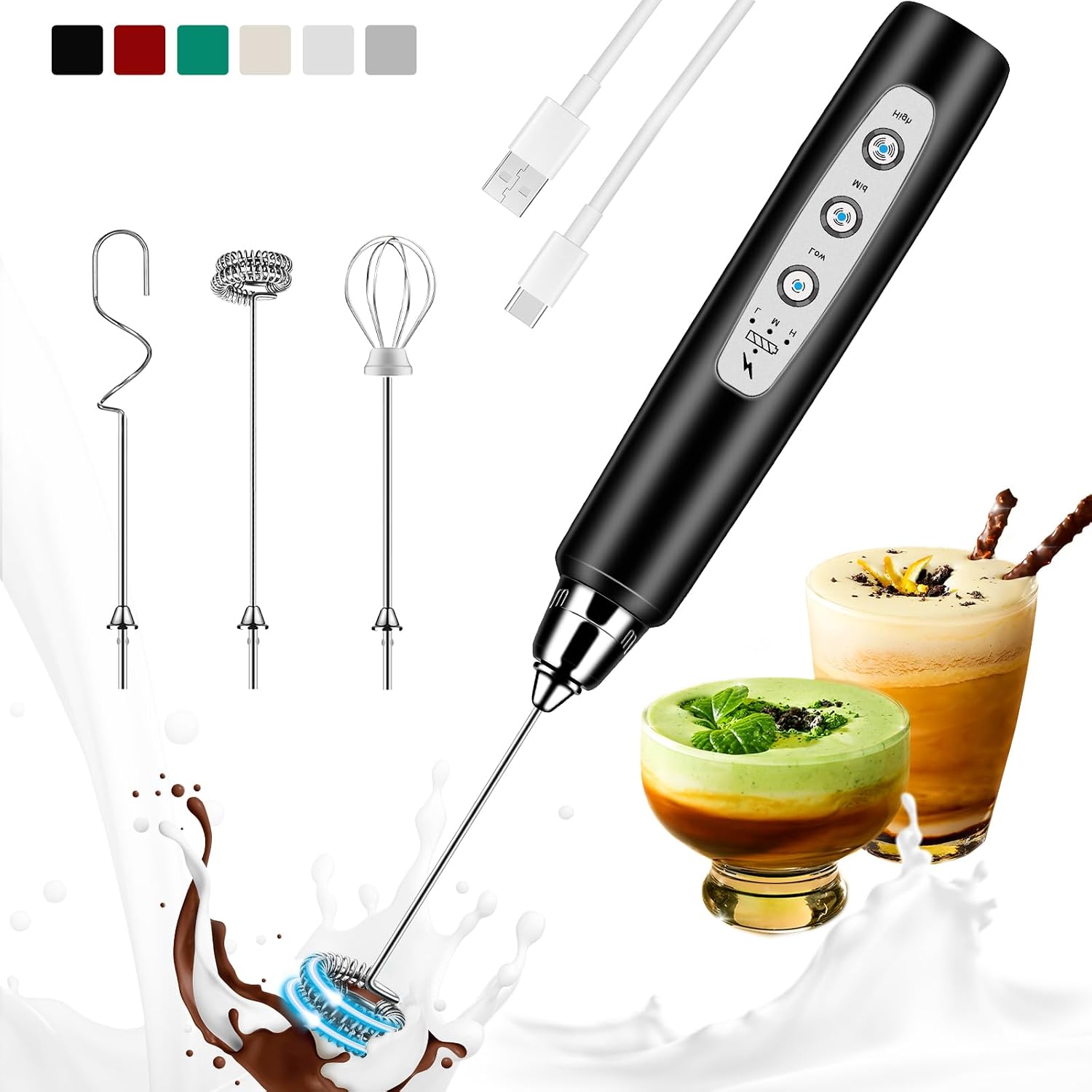 Electric Milk Frother Handheld - Rechargeable Milk Frother Handheld, 3 Speed